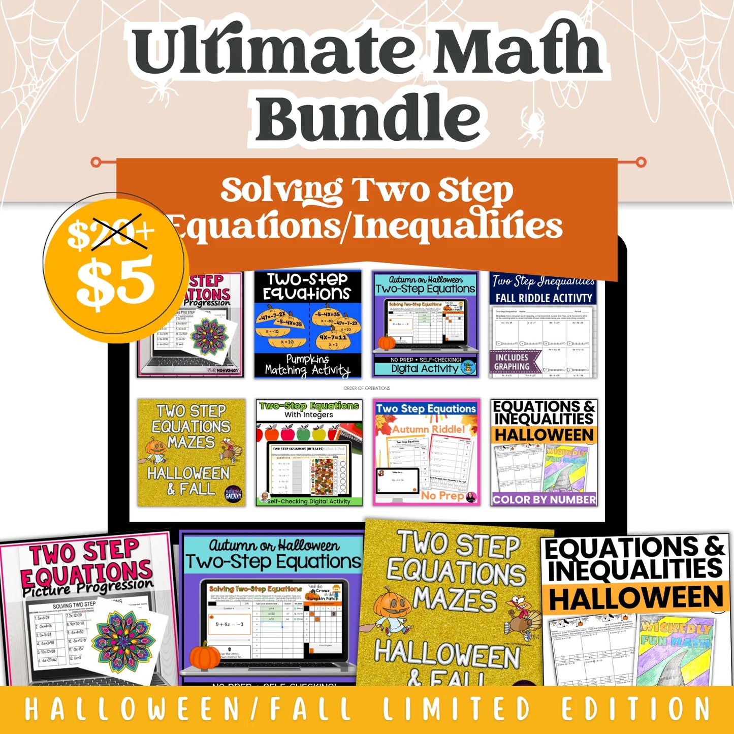 Solving Two Step Equations/Inequalities: Fall + Halloween Mini Bundle 🍁🎃