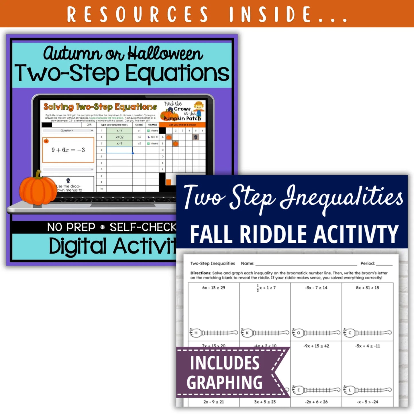 Solving Two Step Equations/Inequalities: Fall + Halloween Mini Bundle 🍁🎃