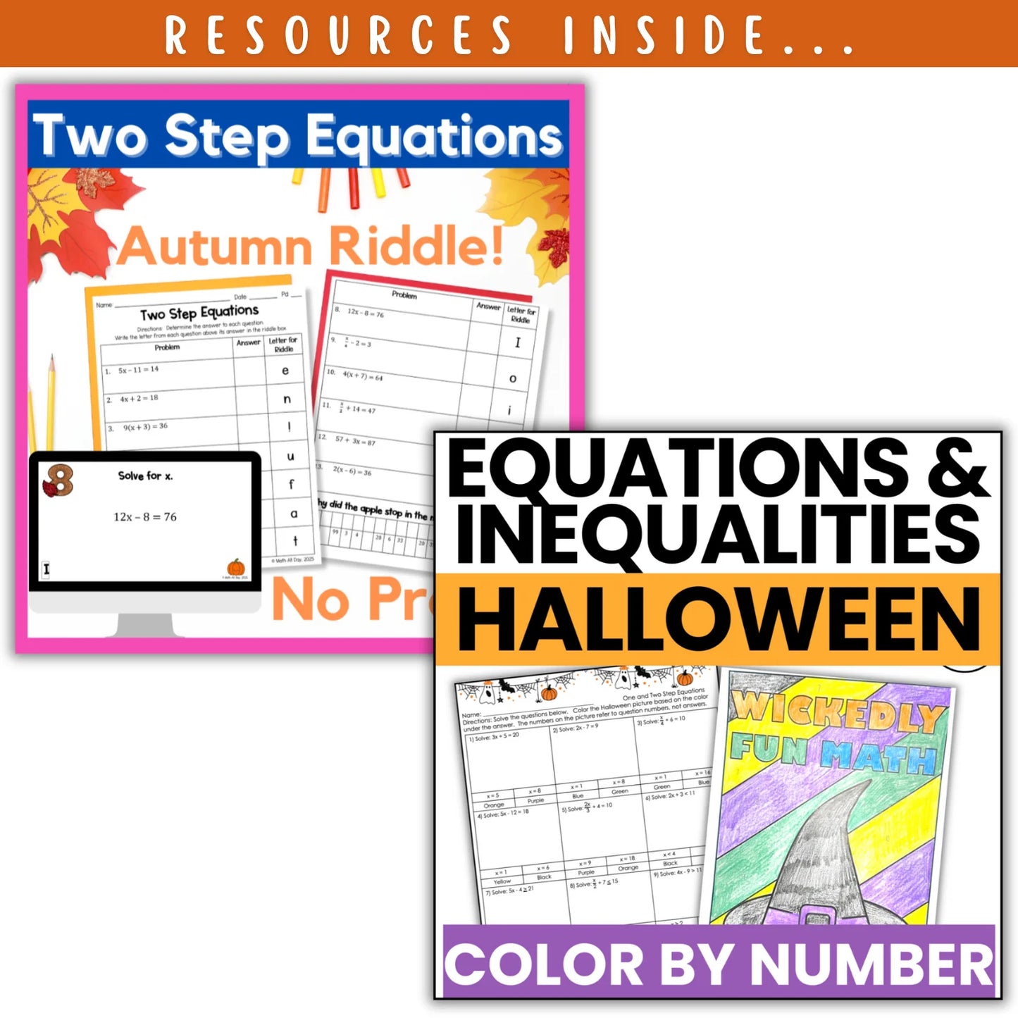 Solving Two Step Equations/Inequalities: Fall + Halloween Mini Bundle 🍁🎃