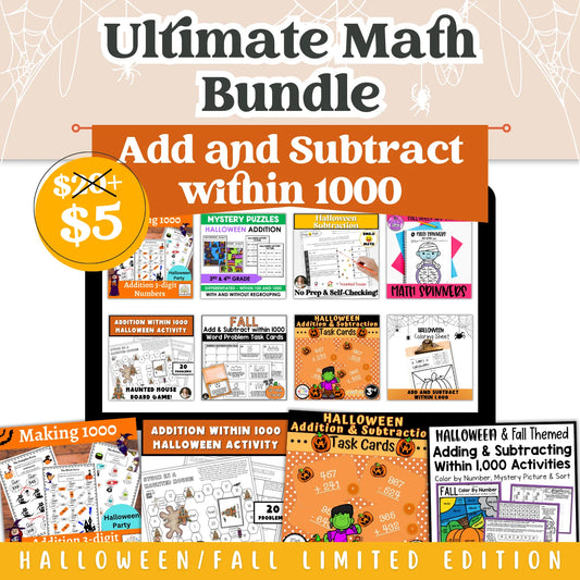Add and Subtract within 1000: Fall + Halloween Mini Bundle 🍁🎃