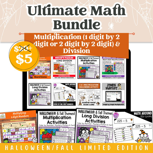 Multiplication (1 digit by 2 digit or 2 digit by 2 digit) & Division: Fall + Halloween Mini Bundle 🍁🎃