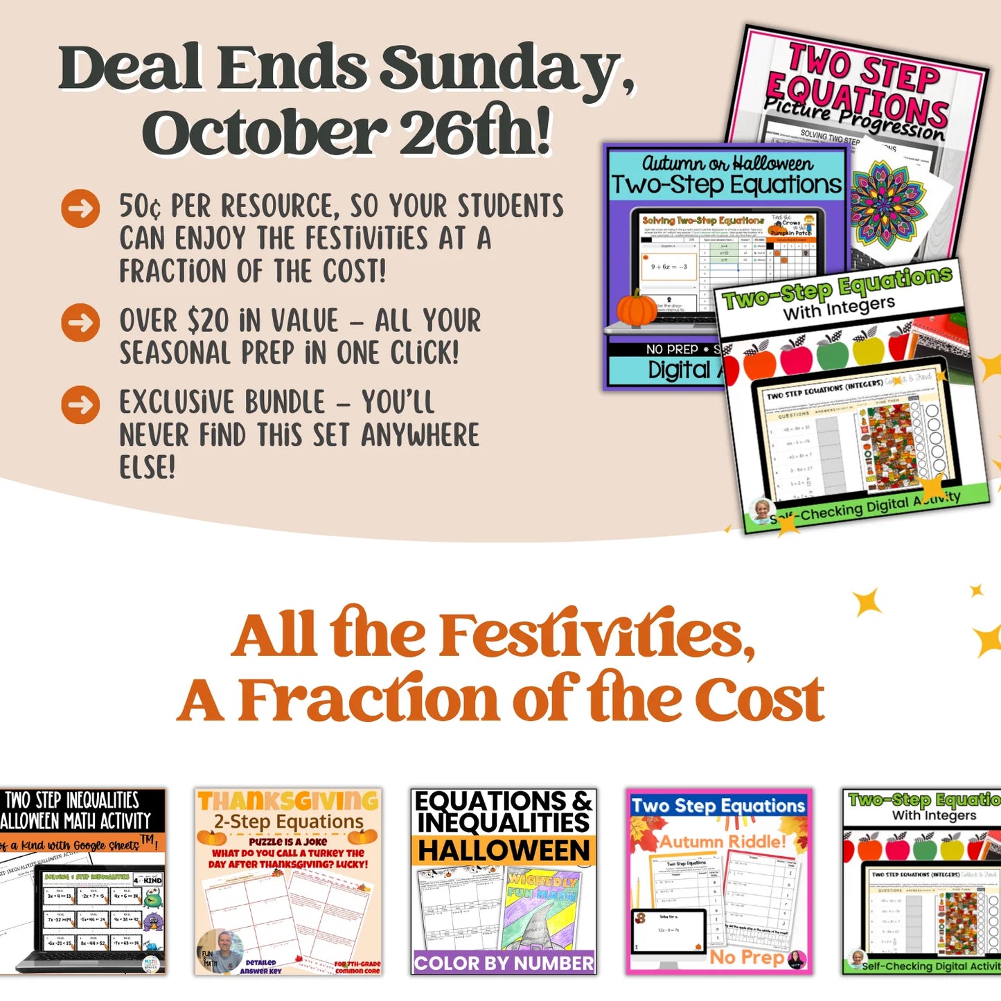 Solving Two Step Equations/Inequalities: Fall + Halloween Mini Bundle 🍁🎃