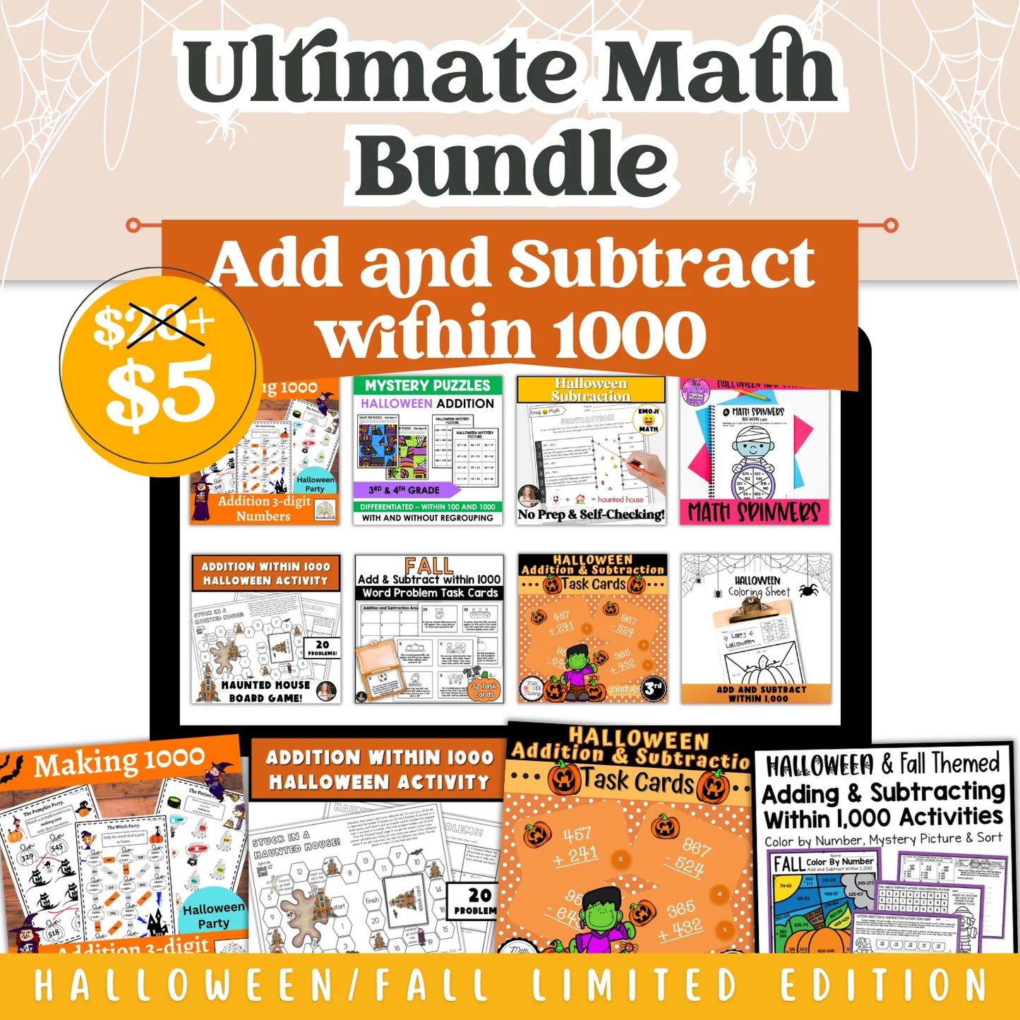 Add and Subtract within 1000: Fall + Halloween Mini Bundle 🍁🎃
