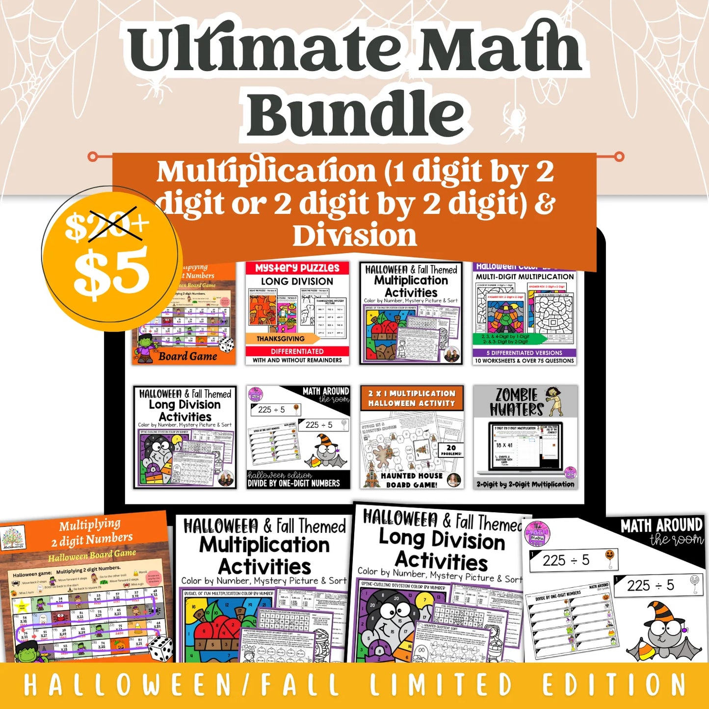 Multiplication (1 digit by 2 digit or 2 digit by 2 digit) & Division: Fall + Halloween Mini Bundle 🍁🎃
