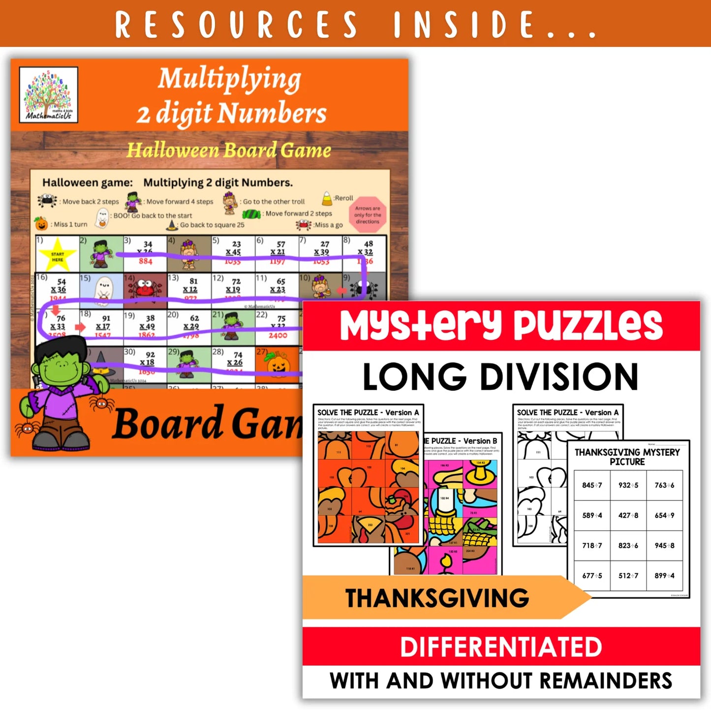 Multiplication (1 digit by 2 digit or 2 digit by 2 digit) & Division: Fall + Halloween Mini Bundle 🍁🎃