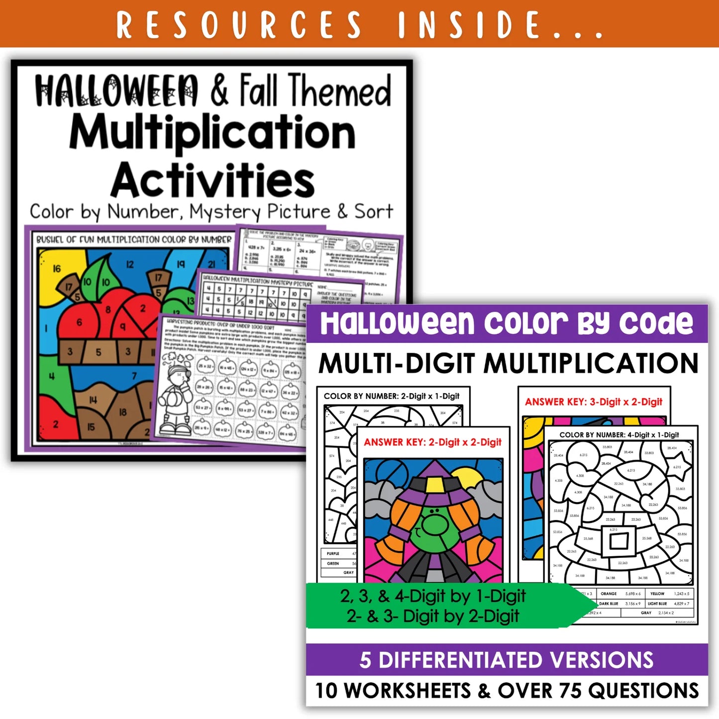 Multiplication (1 digit by 2 digit or 2 digit by 2 digit) & Division: Fall + Halloween Mini Bundle 🍁🎃