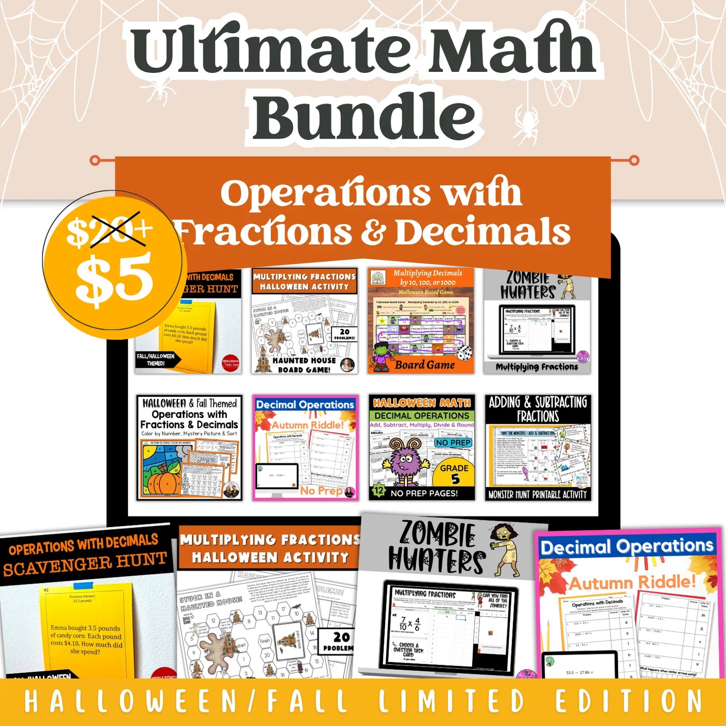 Operations with Fractions & Decimals : Fall + Halloween Mini Bundle 🍁🎃