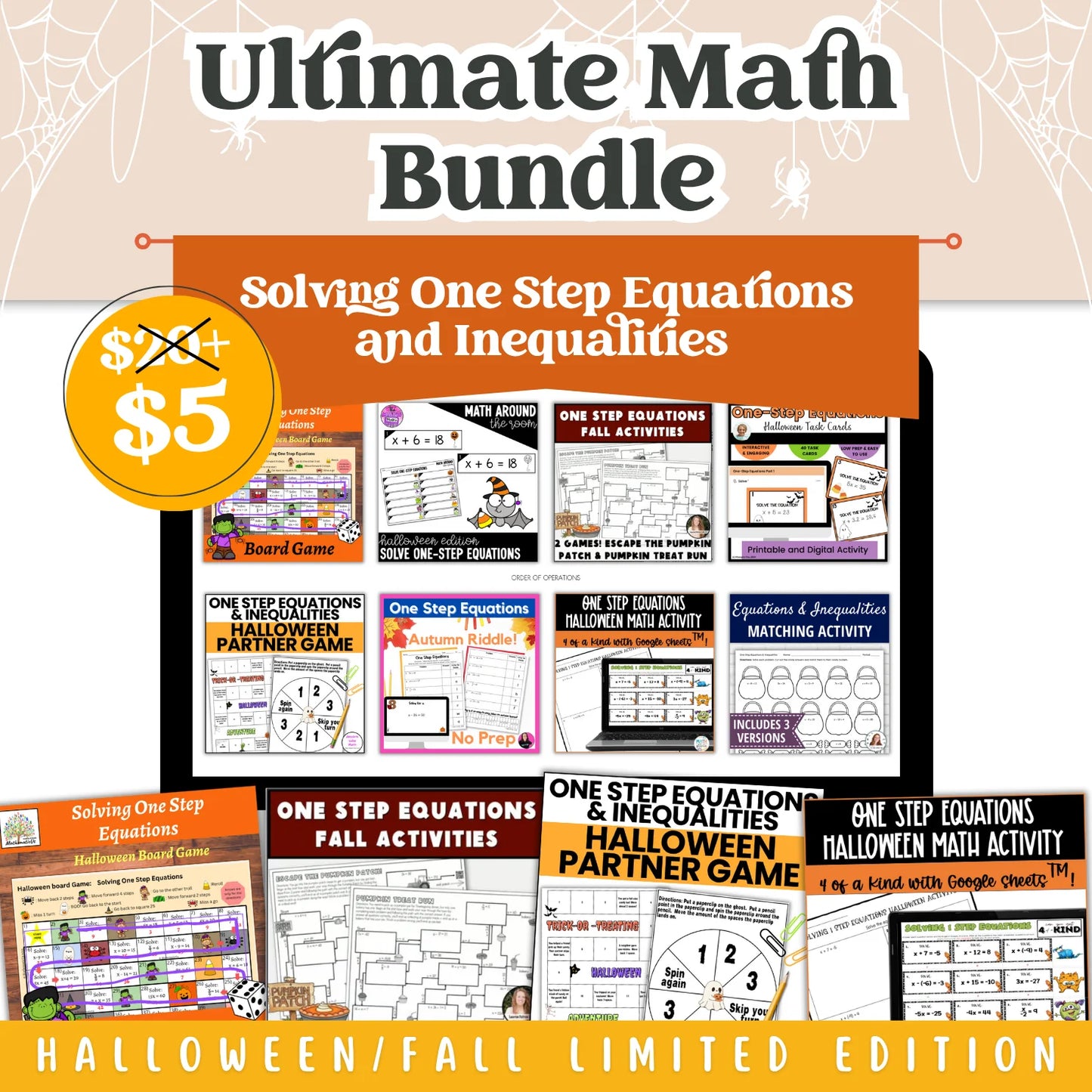 Solving One Step Equations and Inequalities: Fall + Halloween Mini Bundle 🍁🎃