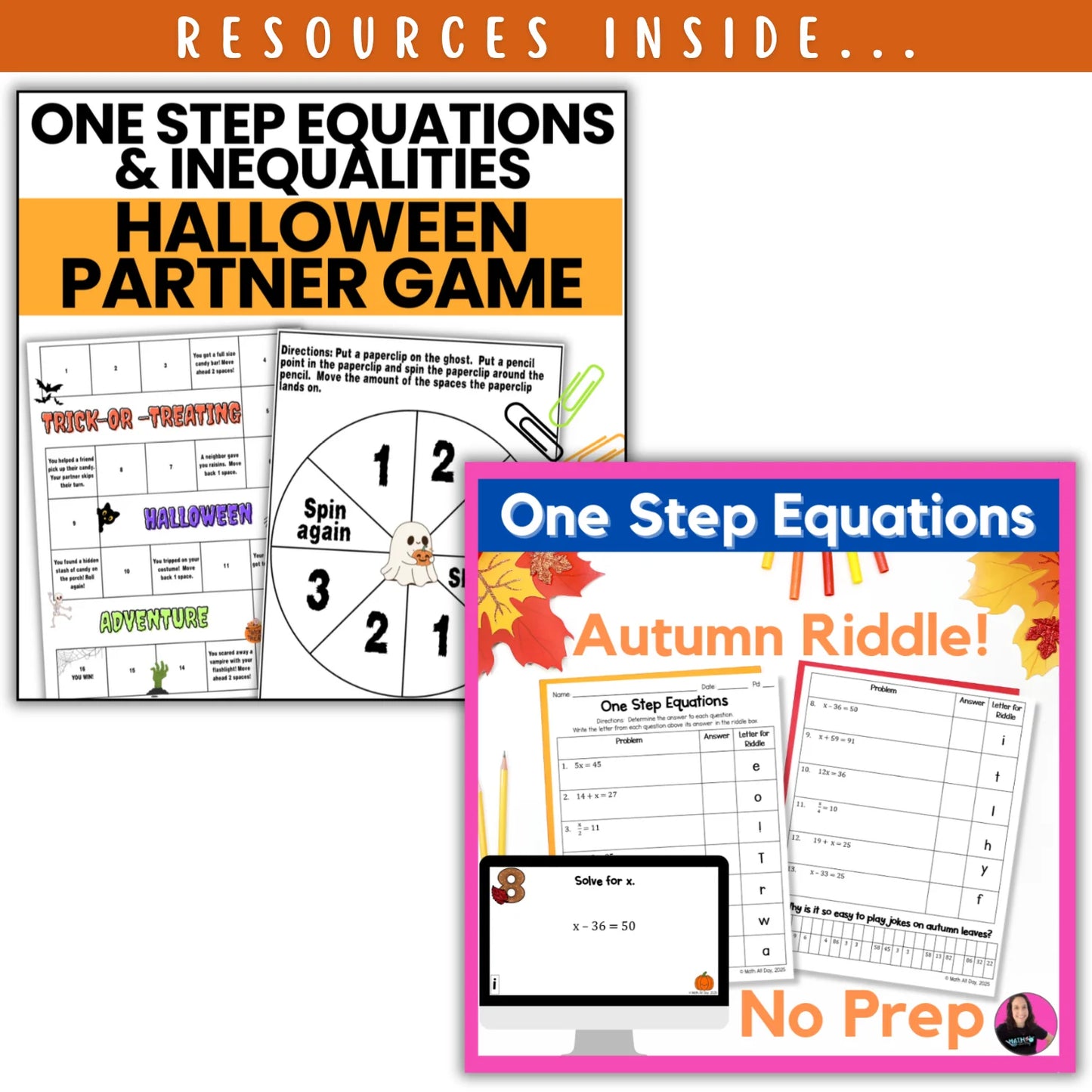 Solving One Step Equations and Inequalities: Fall + Halloween Mini Bundle 🍁🎃