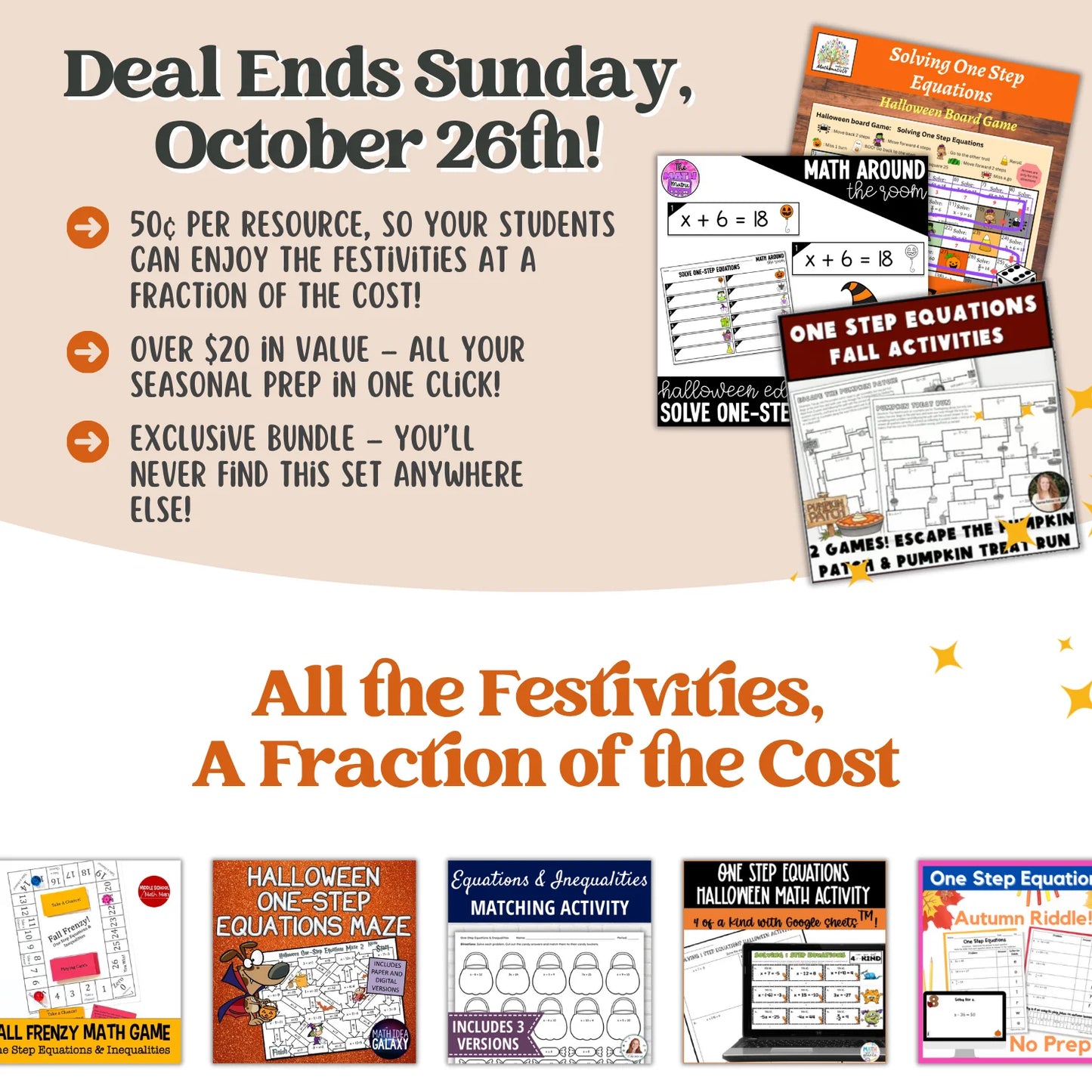 Solving One Step Equations and Inequalities: Fall + Halloween Mini Bundle 🍁🎃