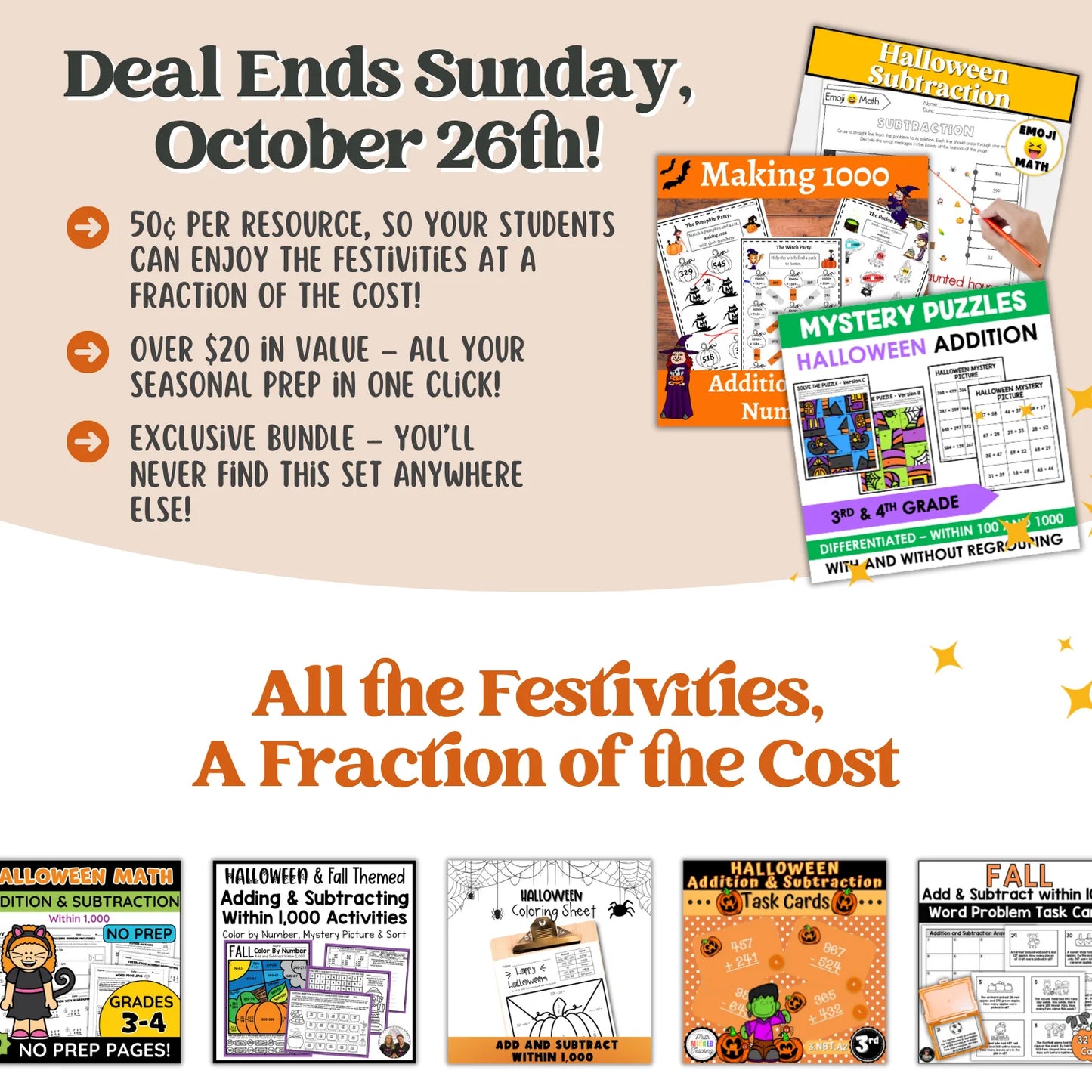 Add and Subtract within 1000: Fall + Halloween Mini Bundle 🍁🎃