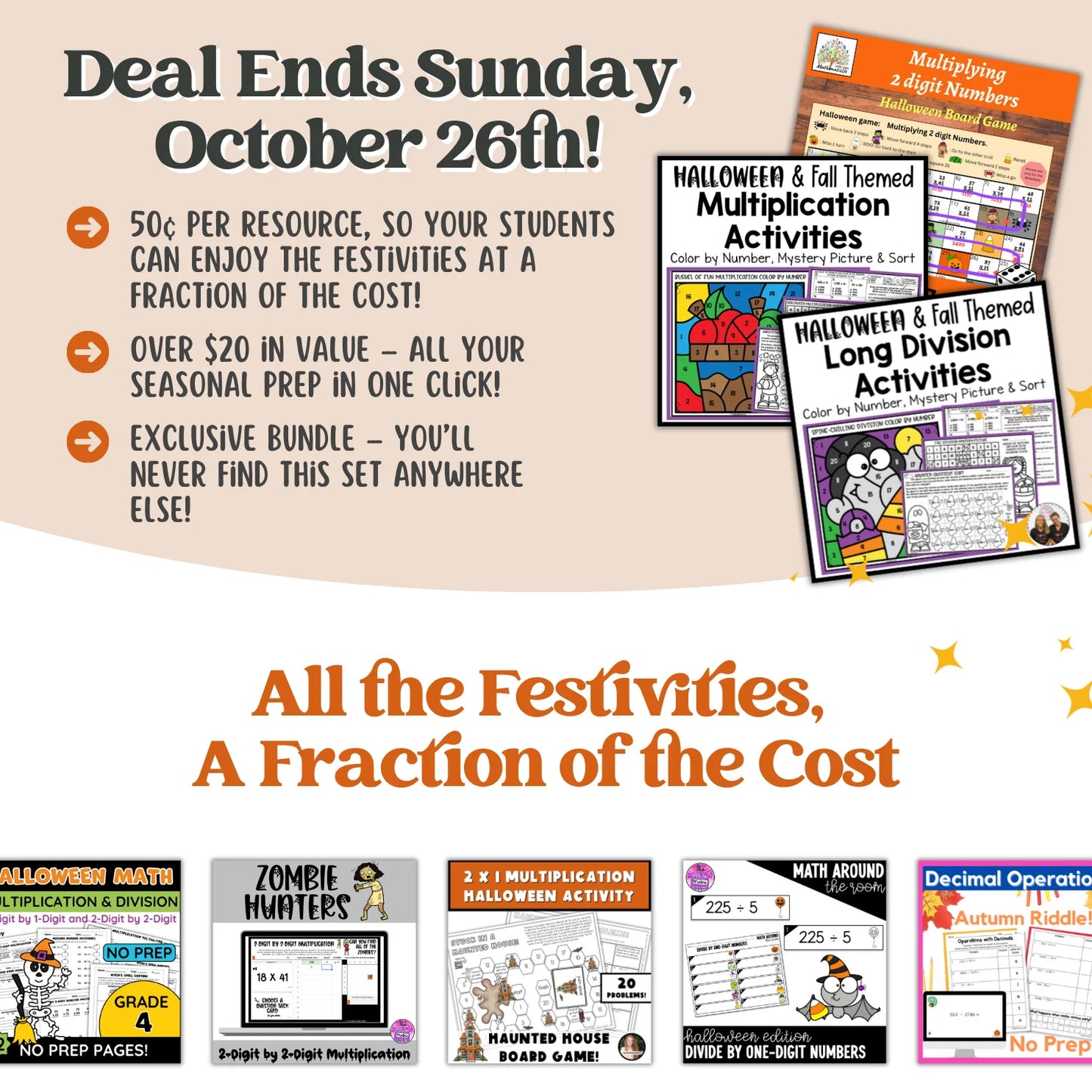 Multiplication (1 digit by 2 digit or 2 digit by 2 digit) & Division: Fall + Halloween Mini Bundle 🍁🎃