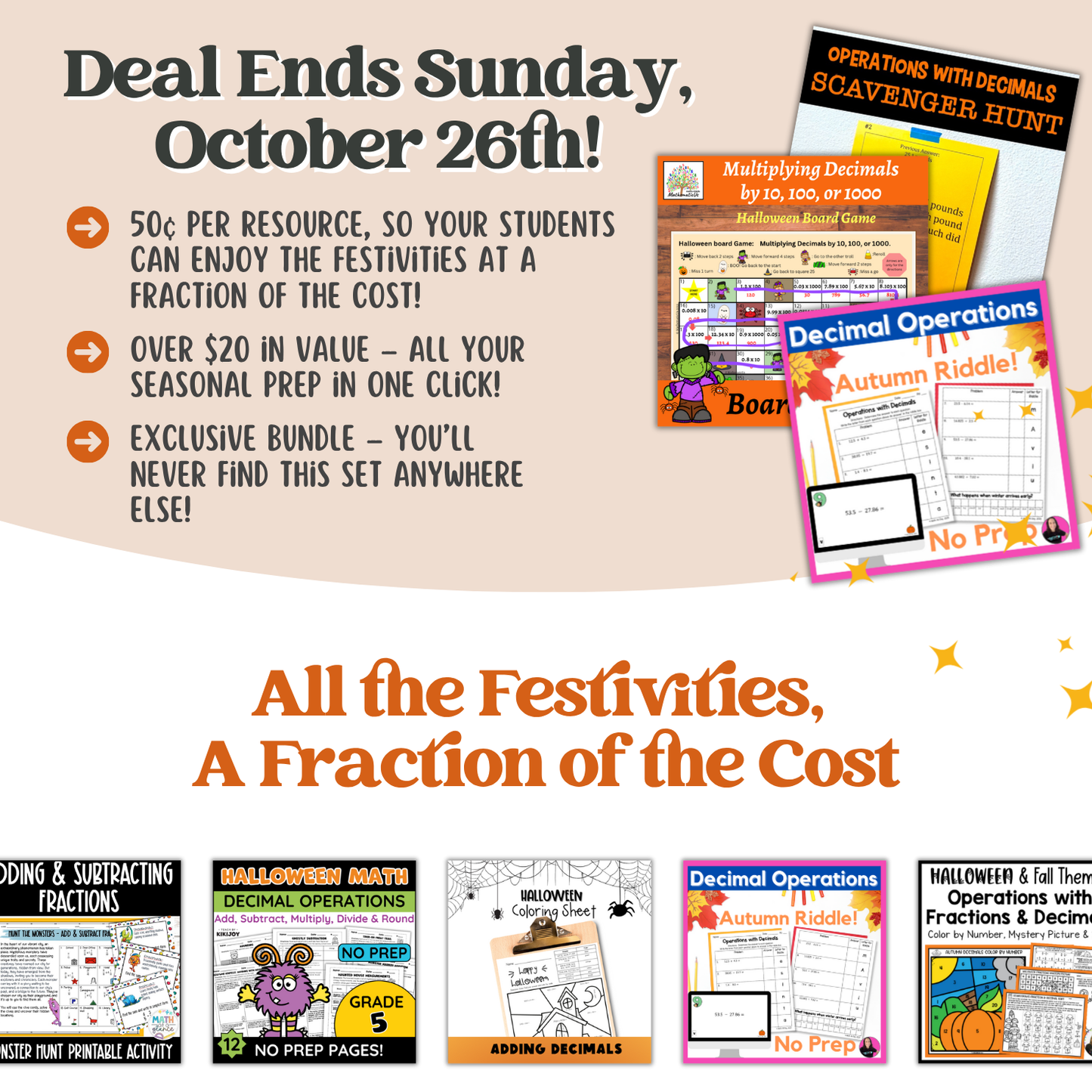 Operations with Fractions & Decimals : Fall + Halloween Mini Bundle 🍁🎃